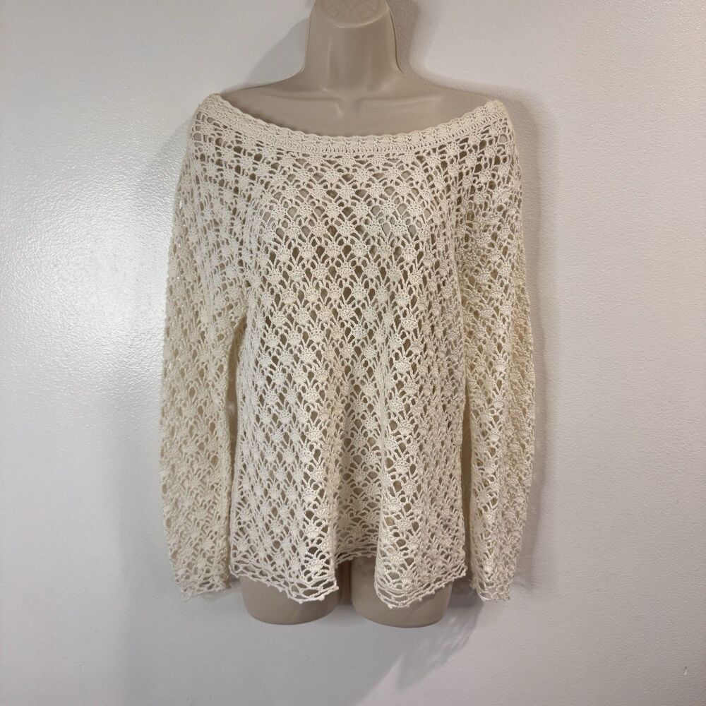 Vintage 90s Y2K Tiara Shirt S Crochet Lace Open Knit Off Shoulder White Boho